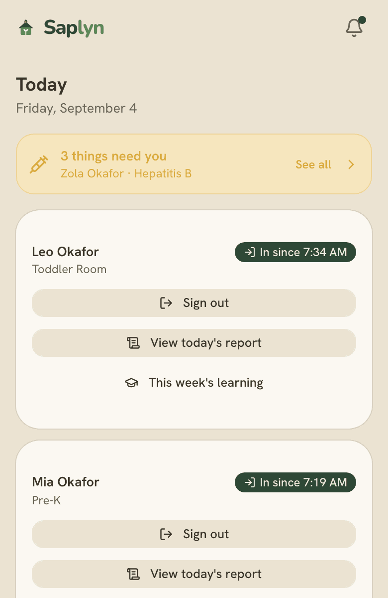 Today's report in the parent portal